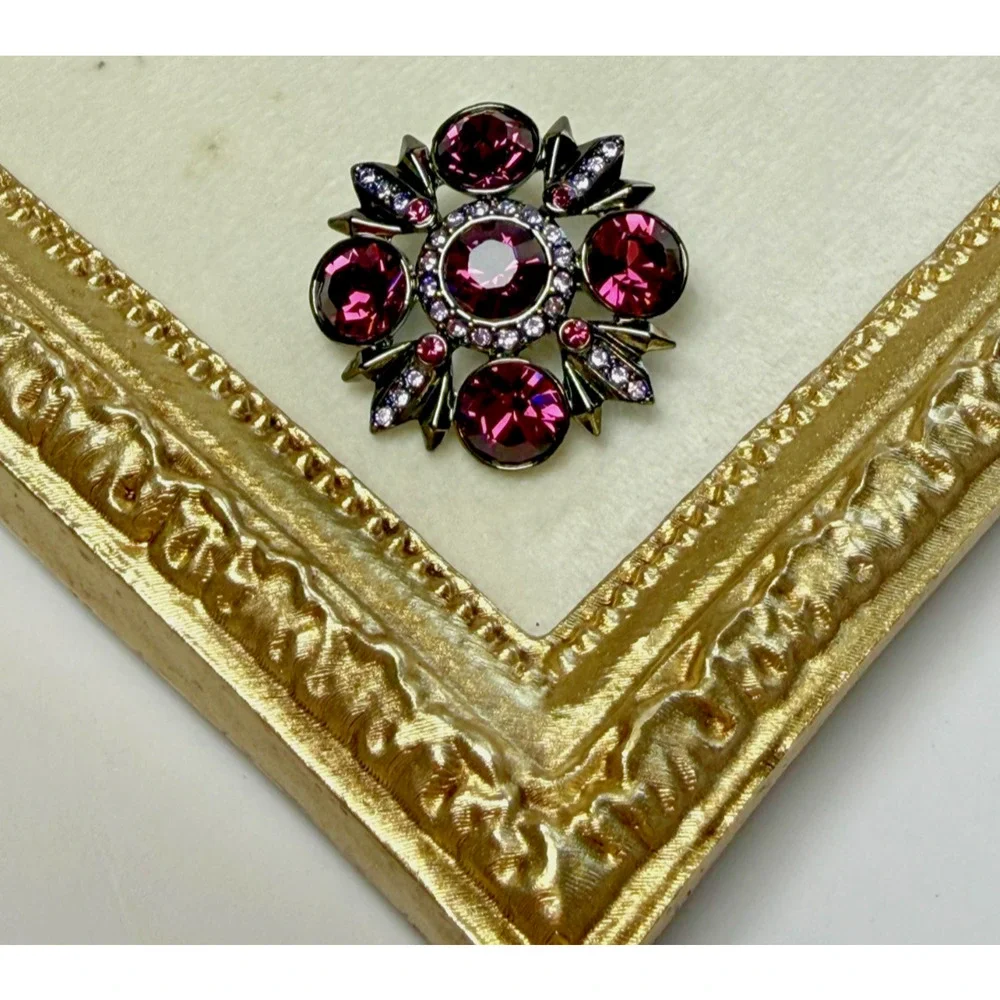 Signed Givenchy Brooch Dark Purple & Pink Rhinestone Crystals Gunmetal Starburst